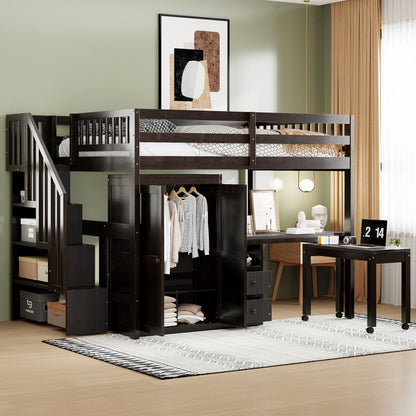 Loft Bed With Stairs, Bookshelf, Drawers, Desk &amp; Wardrobe, Space Saving Multifunctional Furniture