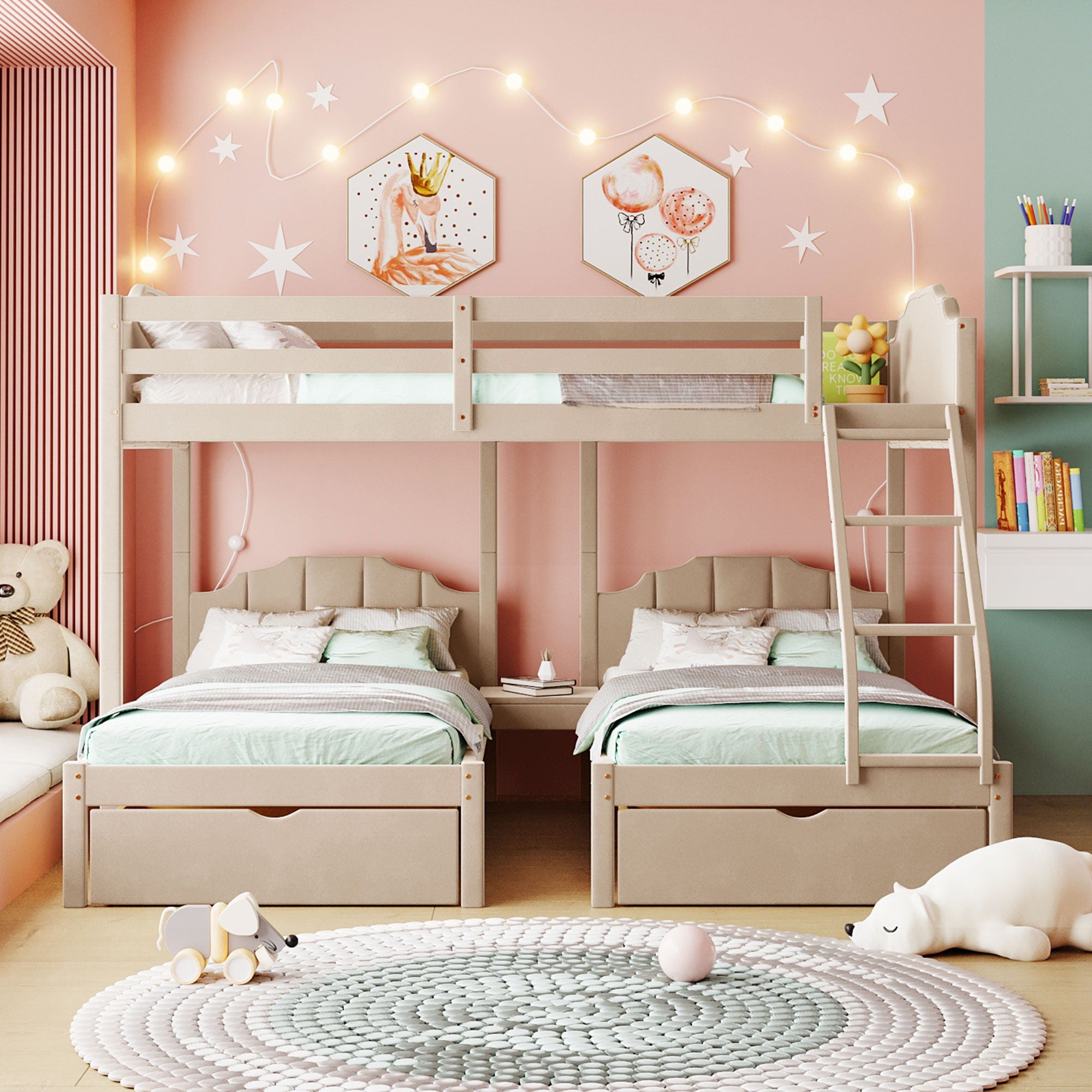 Bunk Bed, Triple Bed With Drawers And Guardrails