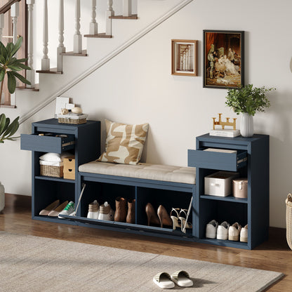Entryway Storage Bench With Cushion, Drawers &amp; Open Shelves