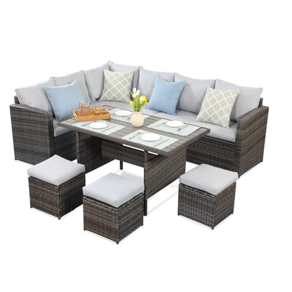 7 Piece All Weather Patio Dining Set With Cushions, Sectional Sofa, Ottomans &amp; Table For Backyard - Gray / Brown