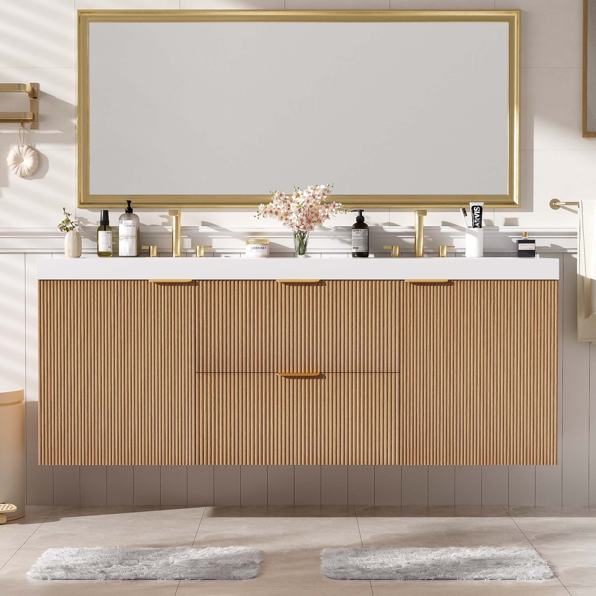 59.3&quot; Double Sink Bathroom Vanity With Smc Resin Top, Painted Cabinet, Soft Close Doors, Wall Mounted - Wood