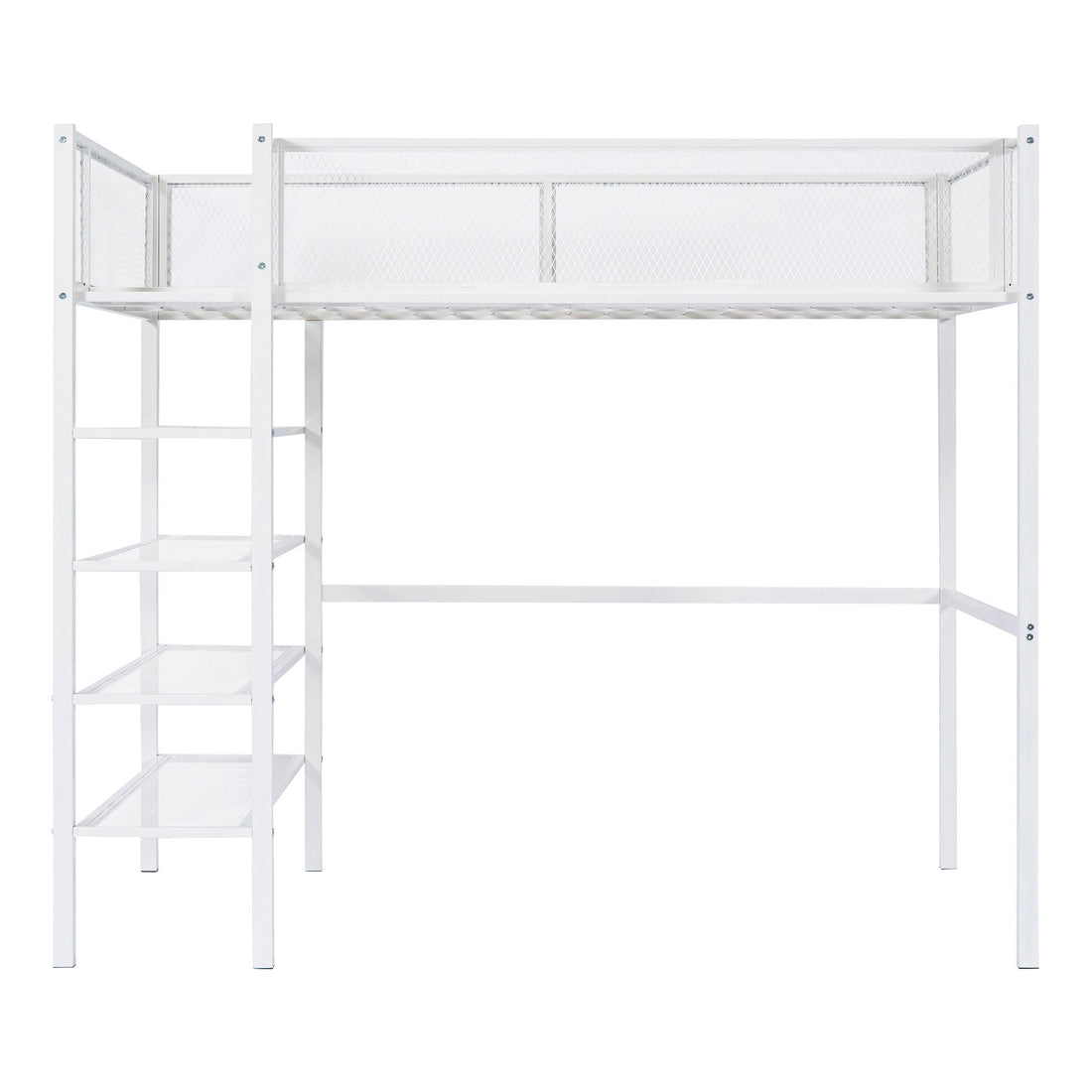 Twin Size Loft Bed With 4 Tier Shelves And Storage - White