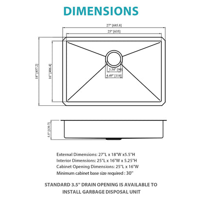 Ada-Compliant 27&quot; Undermount Sink, Low Depth Single Bowl - Brushed Nickel