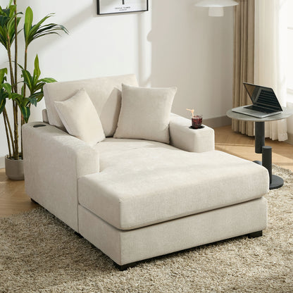 Oversized Chaise Lounger Modern Style Sofa Couch, With Pillows, Charge Station &amp; Cup Holders