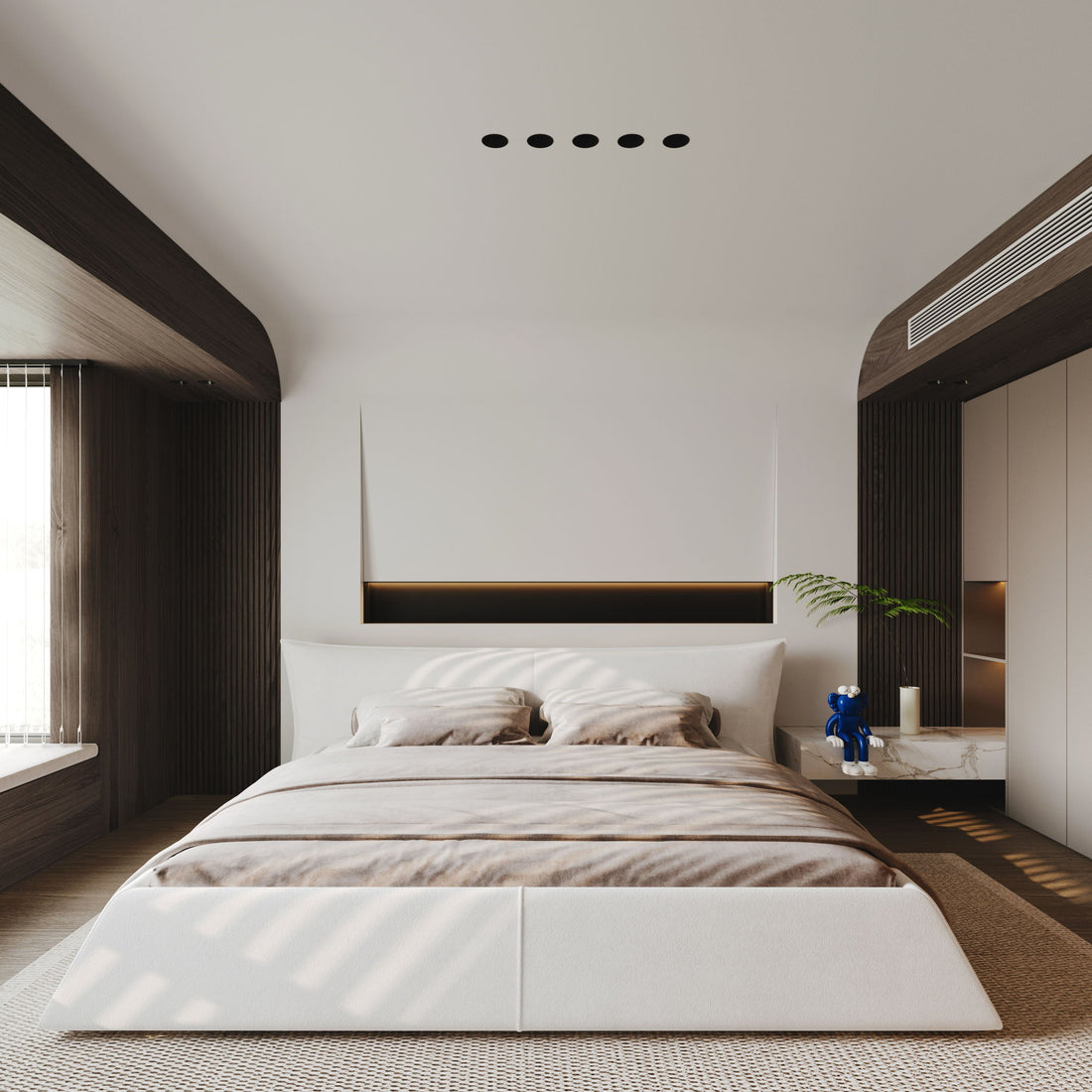 King Size Platform Bed With Special-Shaped Headboard - Cream