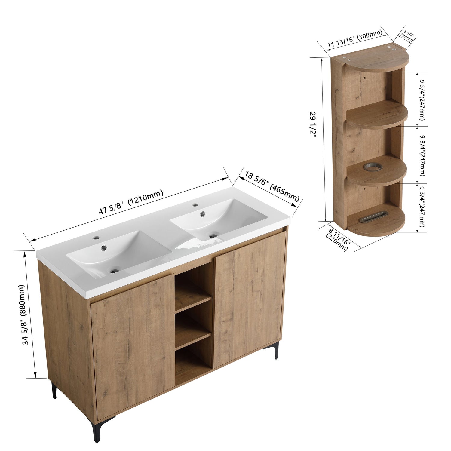 Elegant 48&quot; Freestanding Bathroom Vanity With Double Resin Sink And Storage Rack Soft Close Doors - Imitative Oak