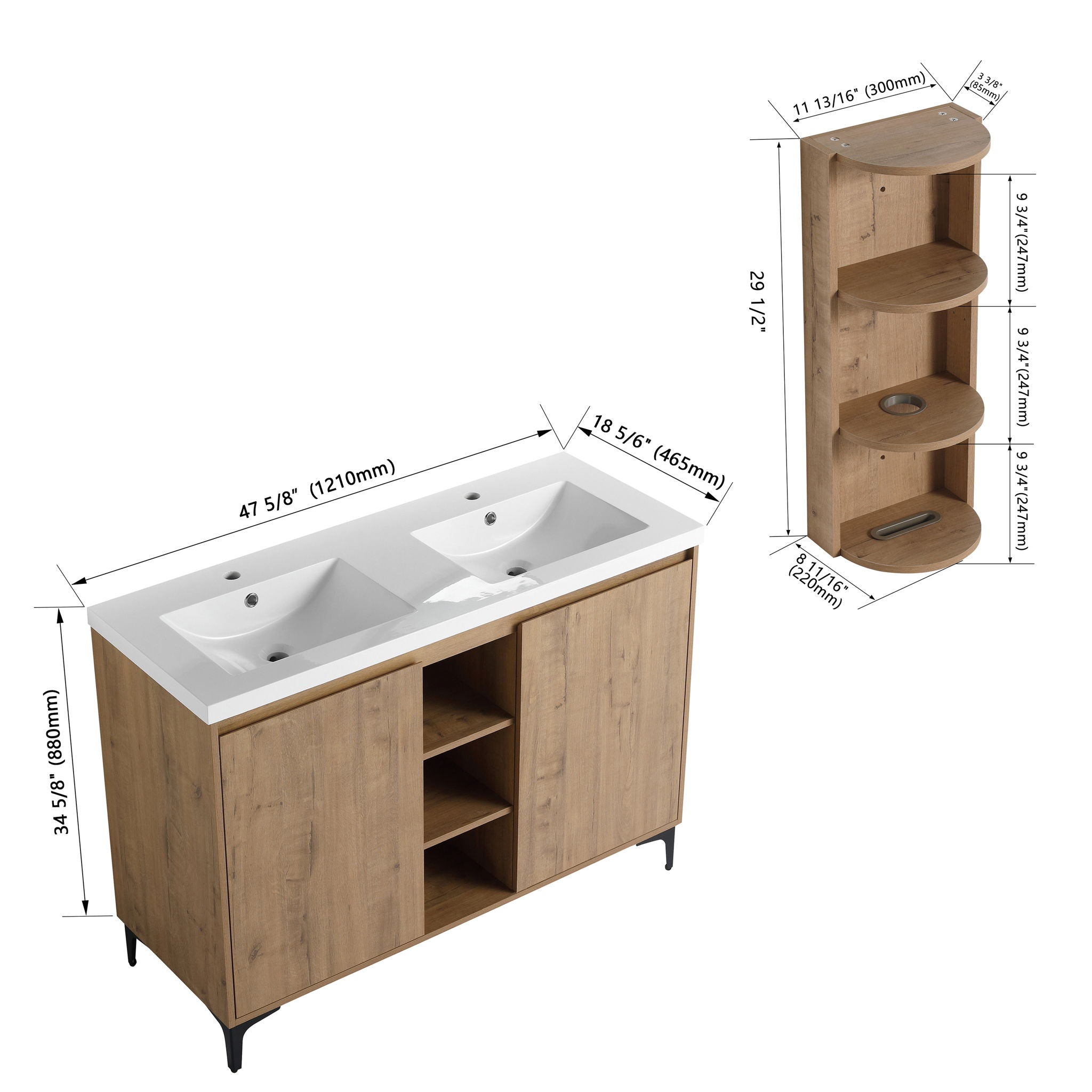 Elegant 48&quot; Freestanding Bathroom Vanity With Double Resin Sink And Storage Rack Soft Close Doors - Imitative Oak