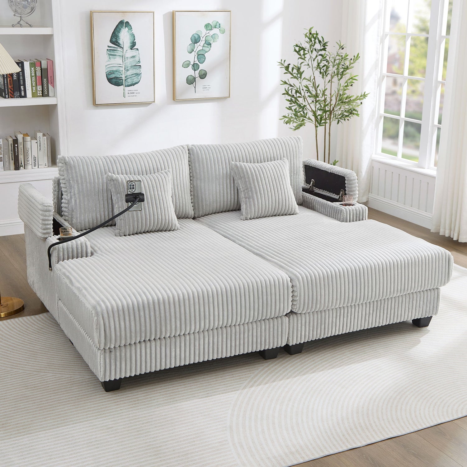 Modern Chaise Sofa With Adjustable Backrest, Cup Holders, Phone Holder &amp; Storage Compartments For Living Room