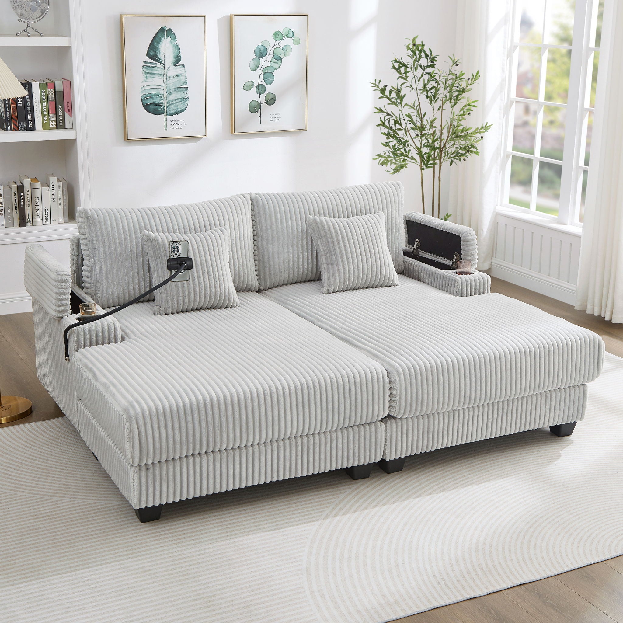 Modern Chaise Sofa With Adjustable Backrest, Cup Holders, Phone Holder &amp; Storage Compartments For Living Room