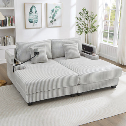 Modern Chaise Sofa With Adjustable Backrest, Cup Holders, Phone Holder &amp; Storage Compartments For Living Room