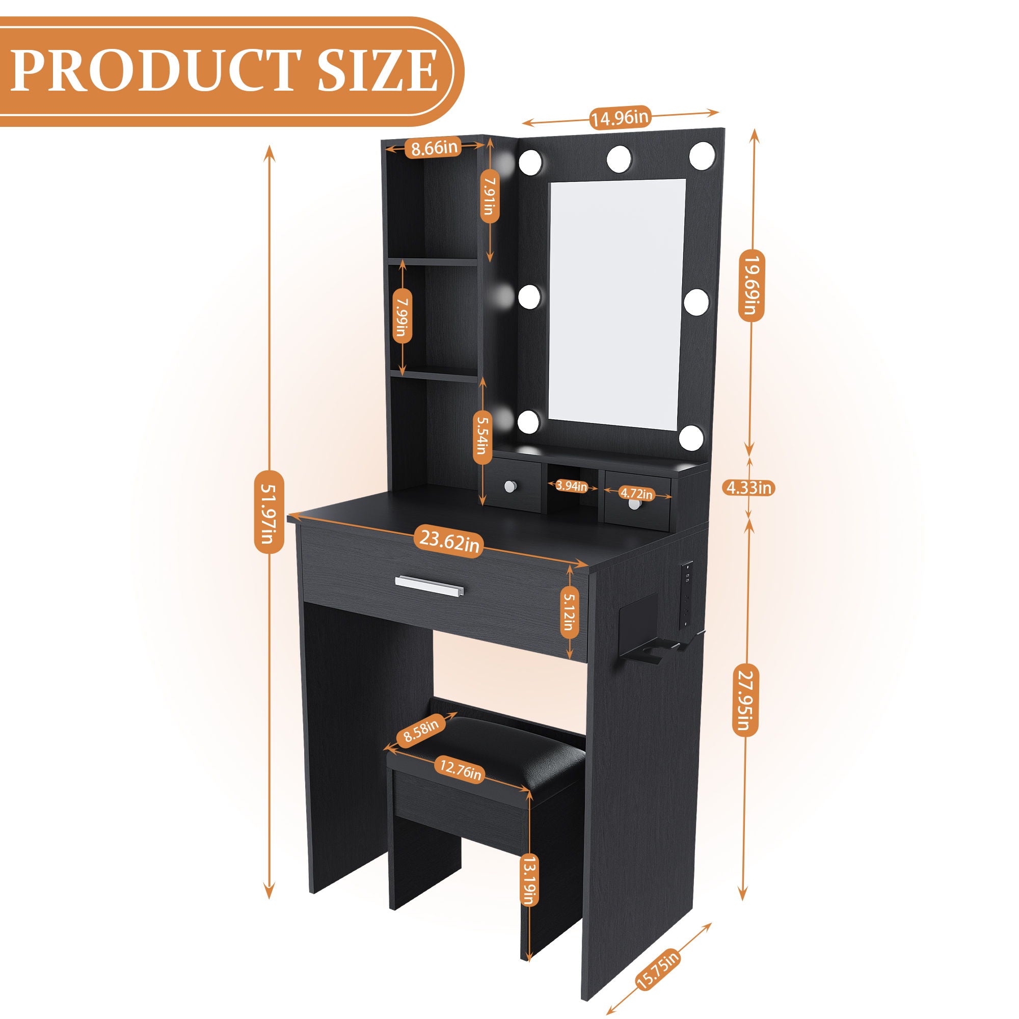 Vanity Table With Mirror, Adjustable LED Lights, Power Outlet, Hairdryer Holder &amp; Stool