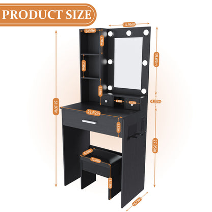 Vanity Table With Mirror, Adjustable LED Lights, Power Outlet, Hairdryer Holder &amp; Stool