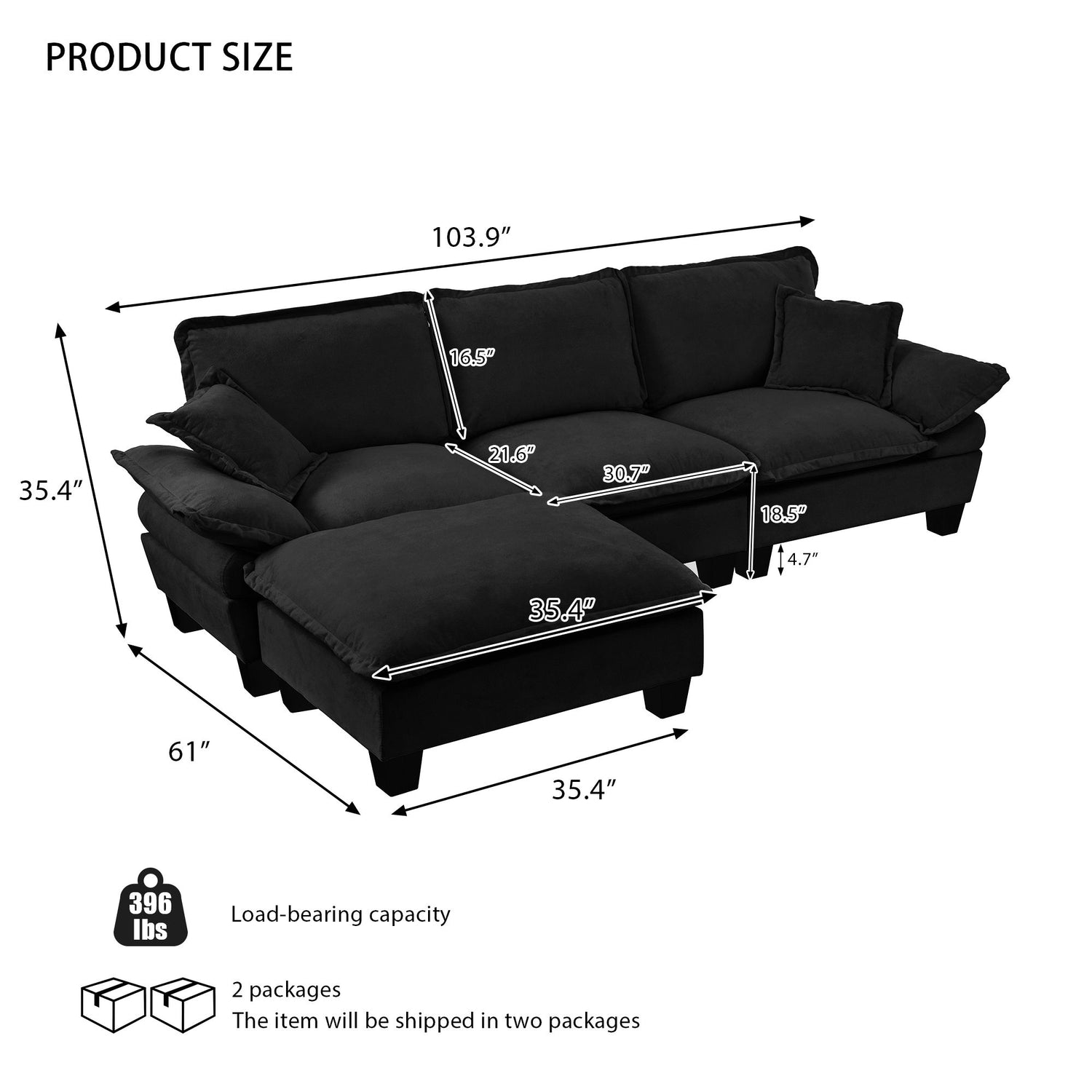 Modular Sectional Sofa With Movable Ottoman &amp; Pillows