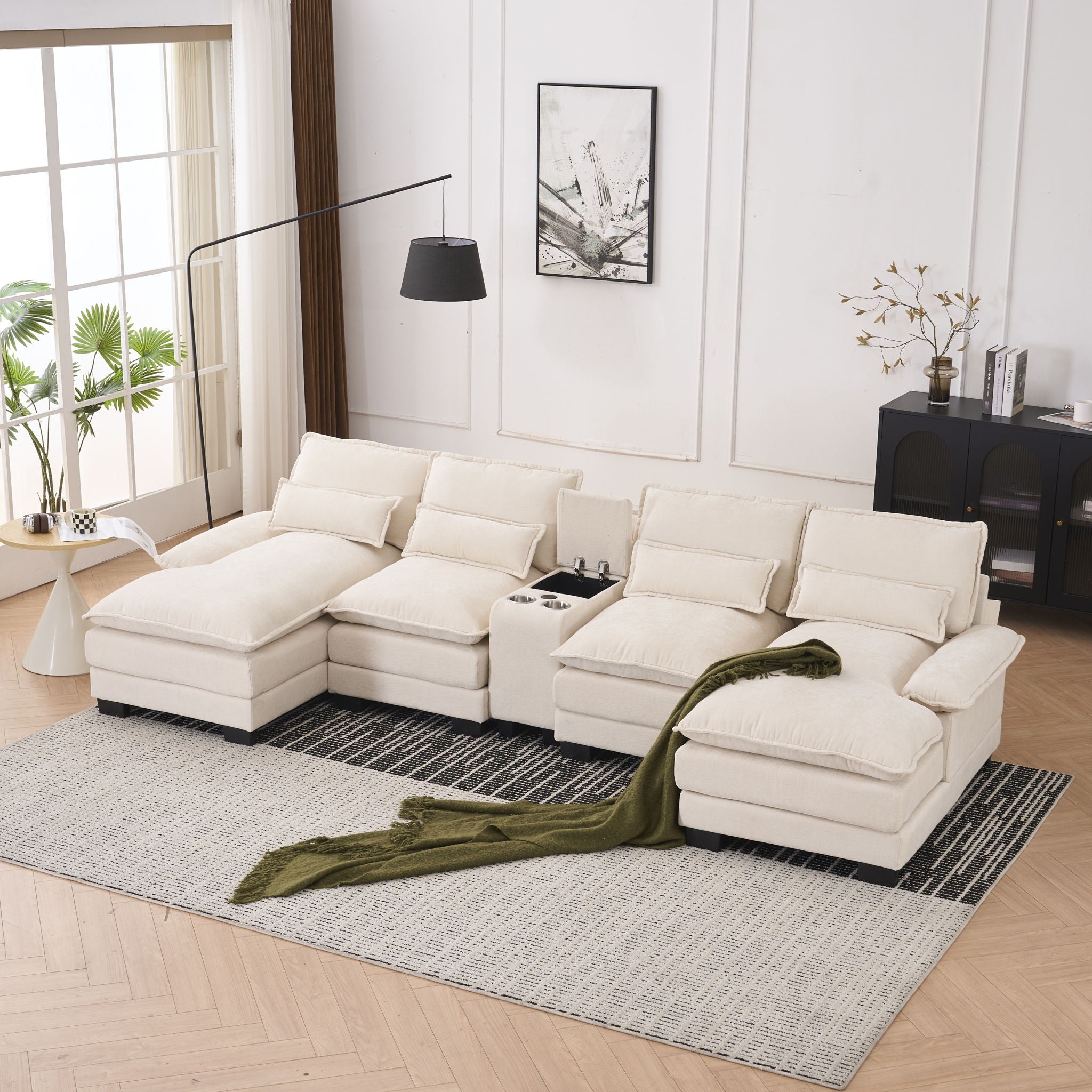 U Shaped Sofa With Console, Cupholders, USB Ports, 6 Seat, Bronzing Suede &amp; Chenille
