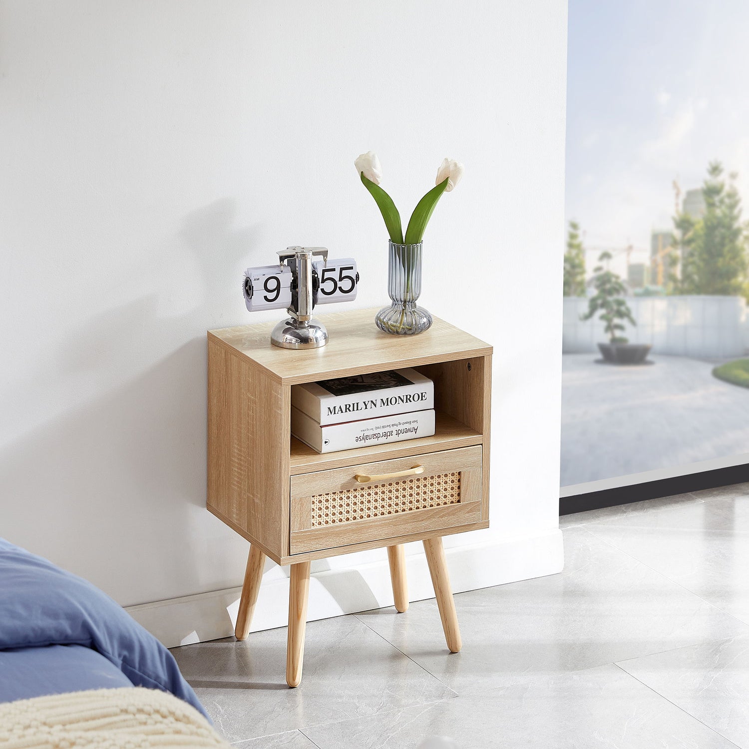 15.75&quot; Rattan End Table With Drawer And Solid Wood Legs, Modern Nightstand, Side Table For Living Room, Bedroom