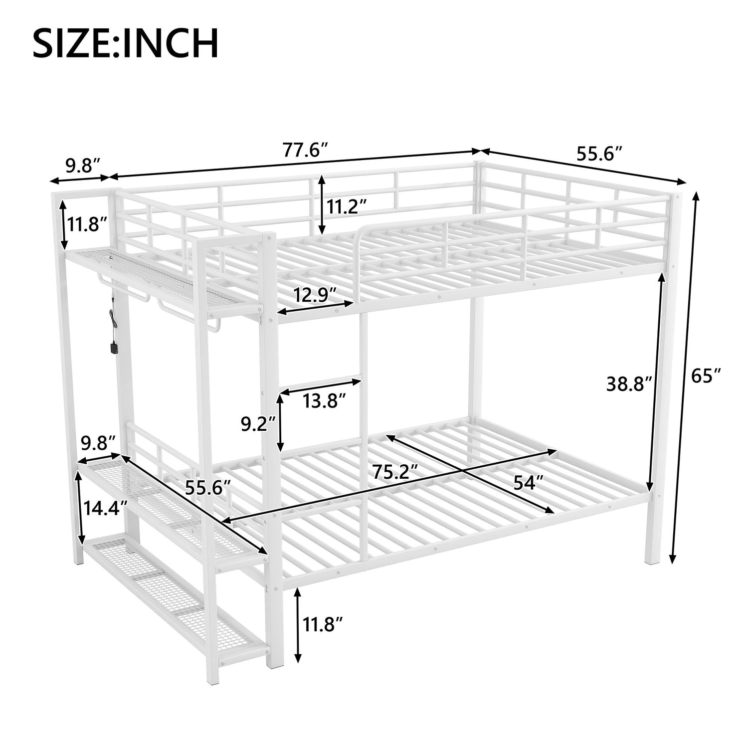 Bunk Bed With Storage Mesh Shelves, Clothes Hooks, LED Light