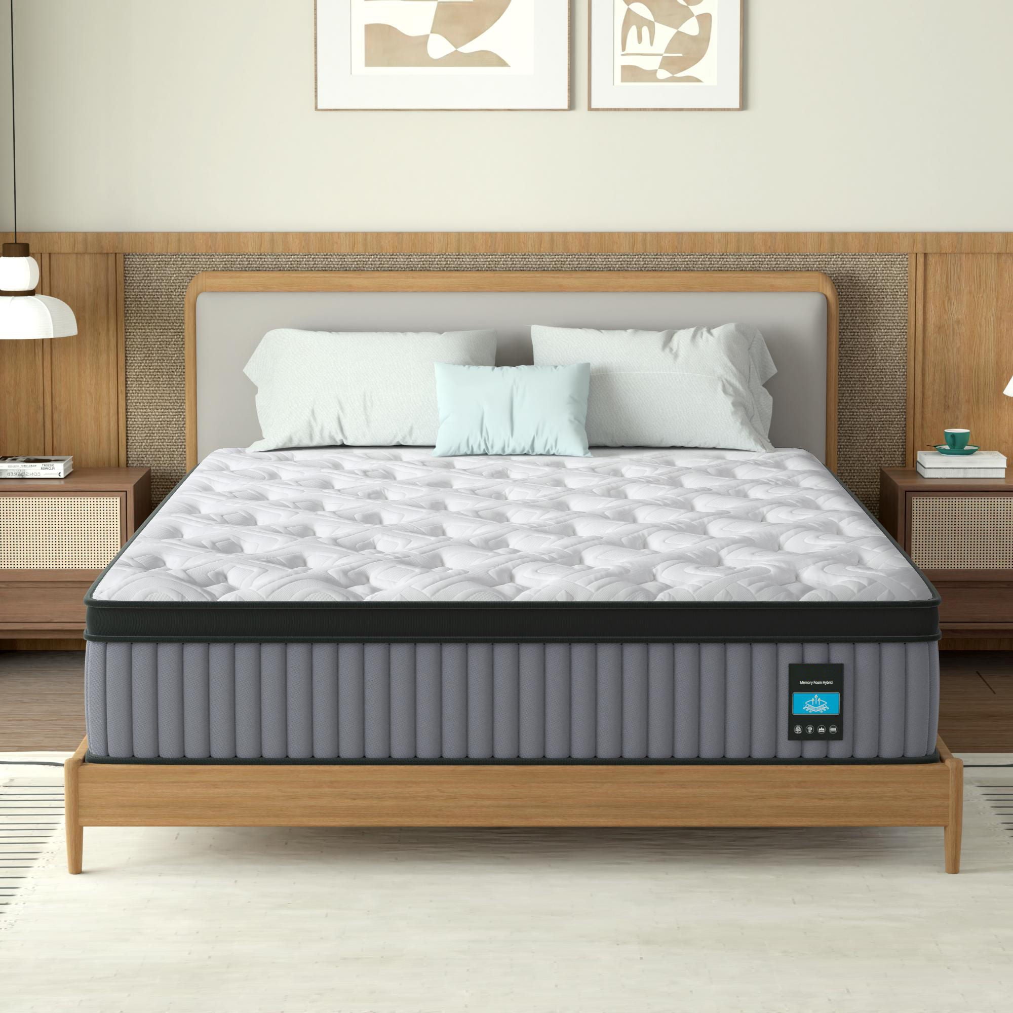 14" King Hybrid Mattress, Memory Foam &amp; Pocket Spring Bed, Cooling, Pressure Relief, Back &amp; Hip Support - Gray / White