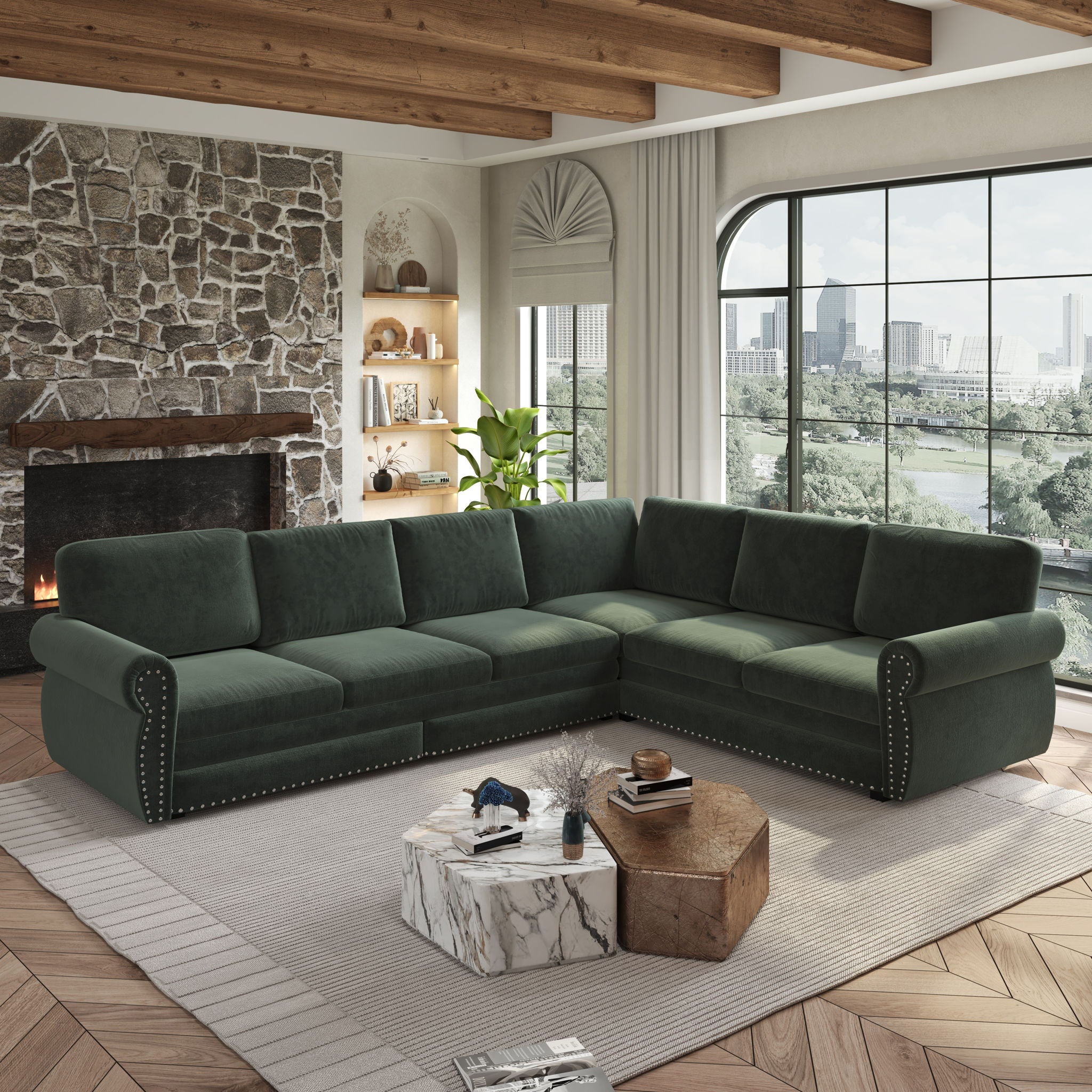 L-Shaped Sofa Couch With Pull Out Bed With Nailhead Trim &amp; Rolled Arm