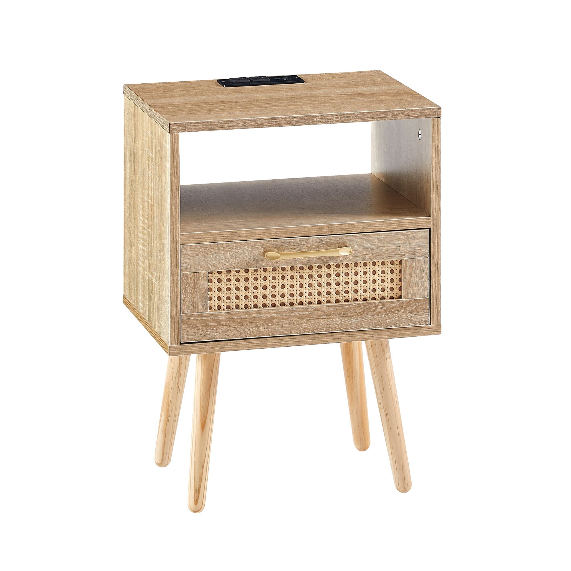 15.75&quot; Rattan End Table With Power Outlet &amp; USB Ports, Modern Nightstand With Drawer And Solid Wood Legs, Side Table For Living Room, Bedroom