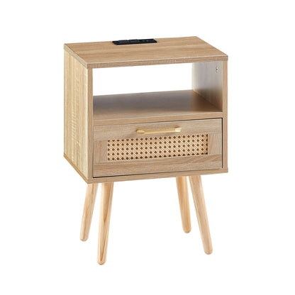 15.75&quot; Rattan End Table With Power Outlet &amp; USB Ports, Modern Nightstand With Drawer And Solid Wood Legs, Side Table For Living Room, Bedroom