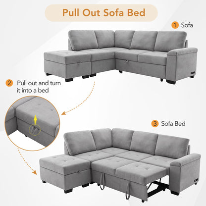 Sleeper Sectional Sofa, L-Shape Corner Couch Sofa Bed With Storage Ottoman &amp; Hidden Arm Storage &amp; USB Charge For Living Room Apartment