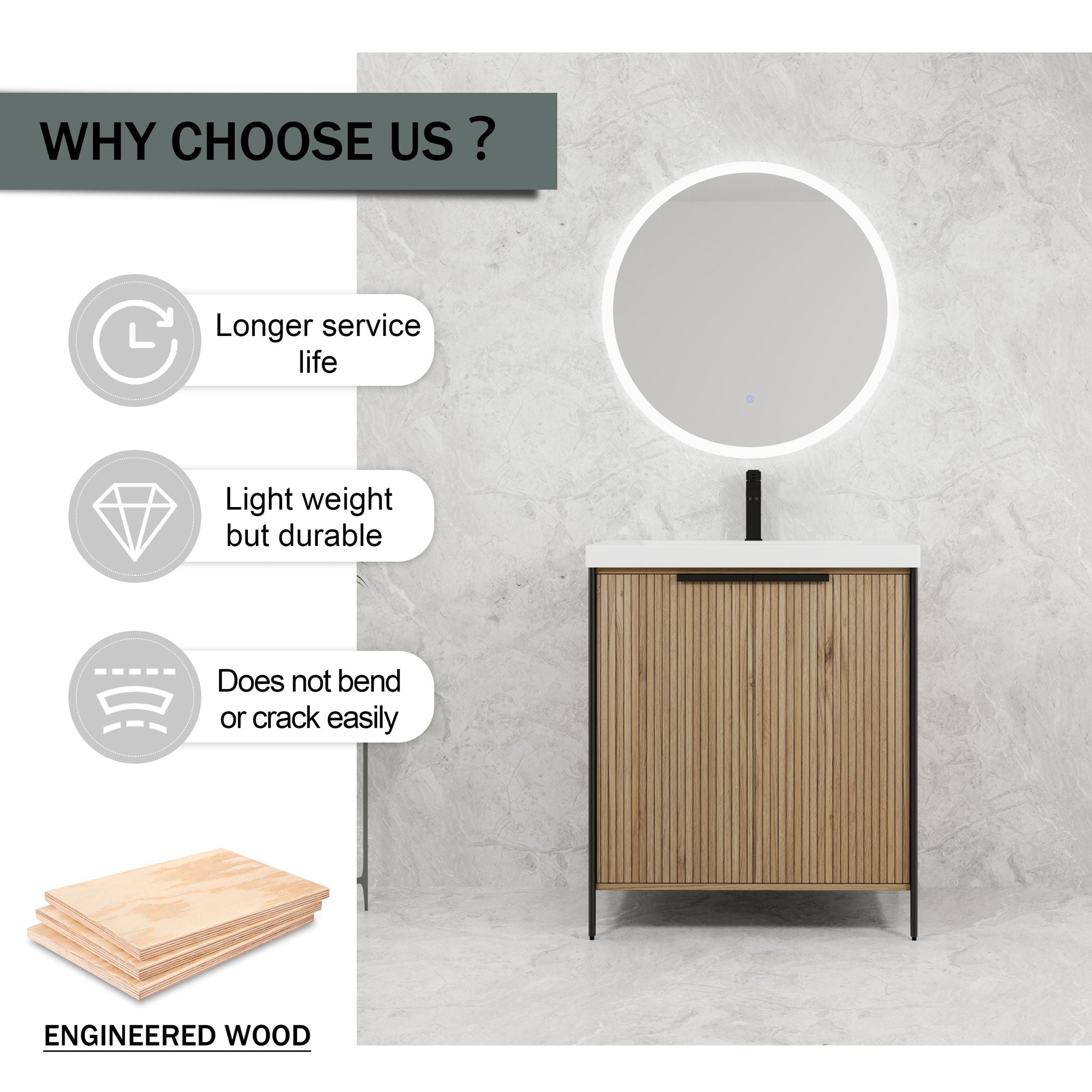 Modern Freestanding Bathroom Vanity With Resin Sink &amp; Soft Close Cabinet Doors