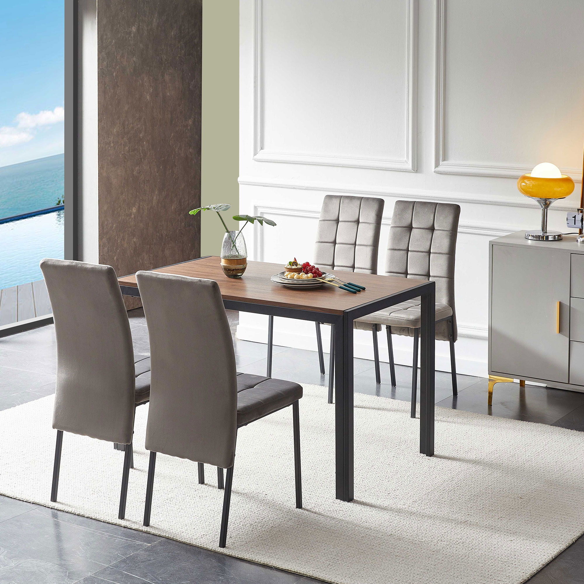 5 Piece Dining Set Including Velvet High Back Nordic Dining Chair &amp; Creative Design Dining Table