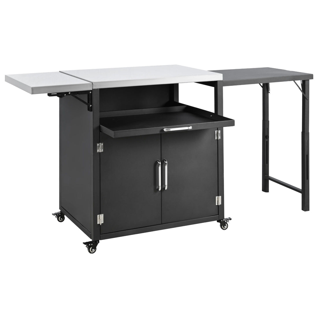 Versatile Outdoor Cabinet With Folding & Expandable Work Surfaces, Ample Storage Space, And Lockable Wheels - Matte Black