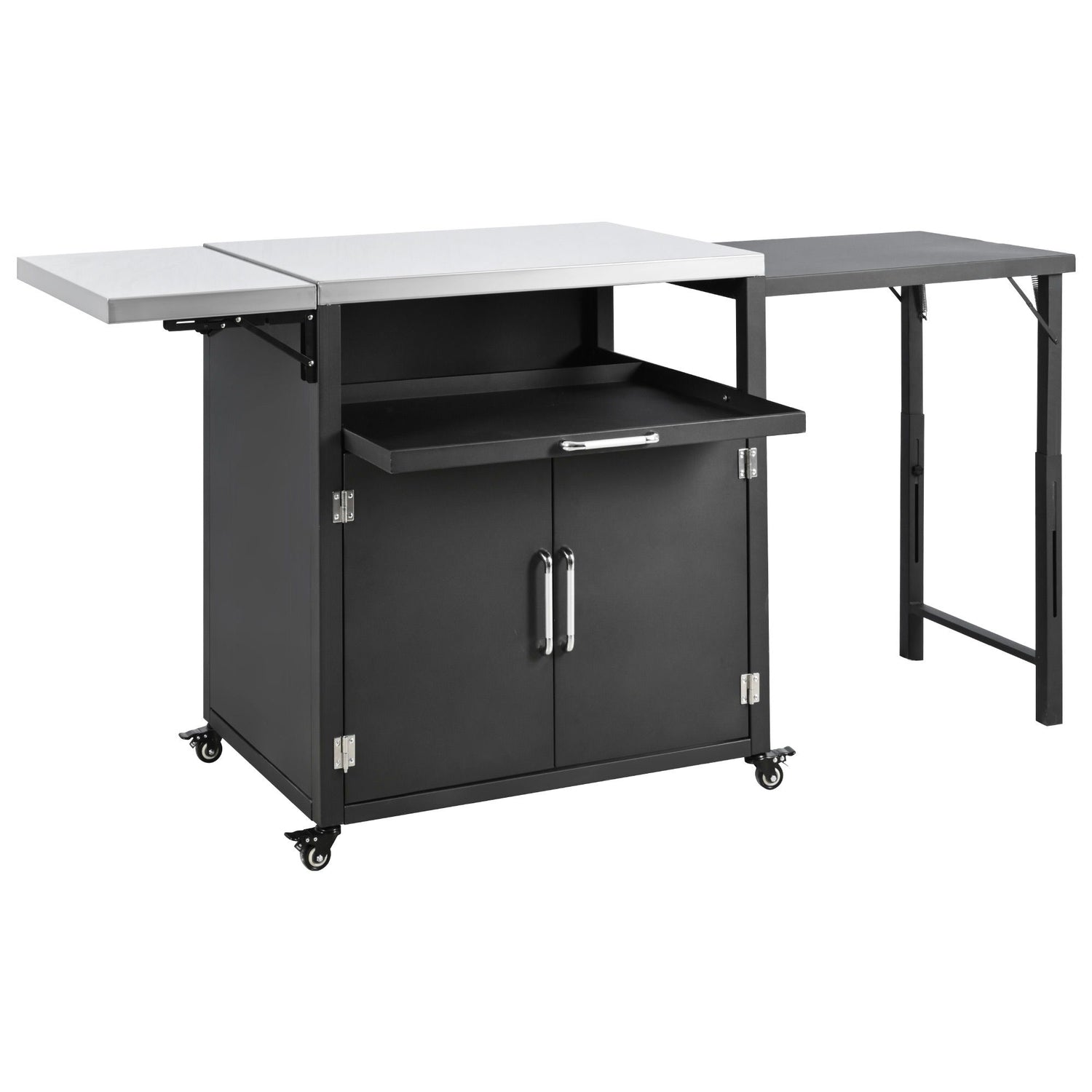 Versatile Outdoor Cabinet With Folding &amp; Expandable Work Surfaces, Ample Storage Space, And Lockable Wheels - Matte Black