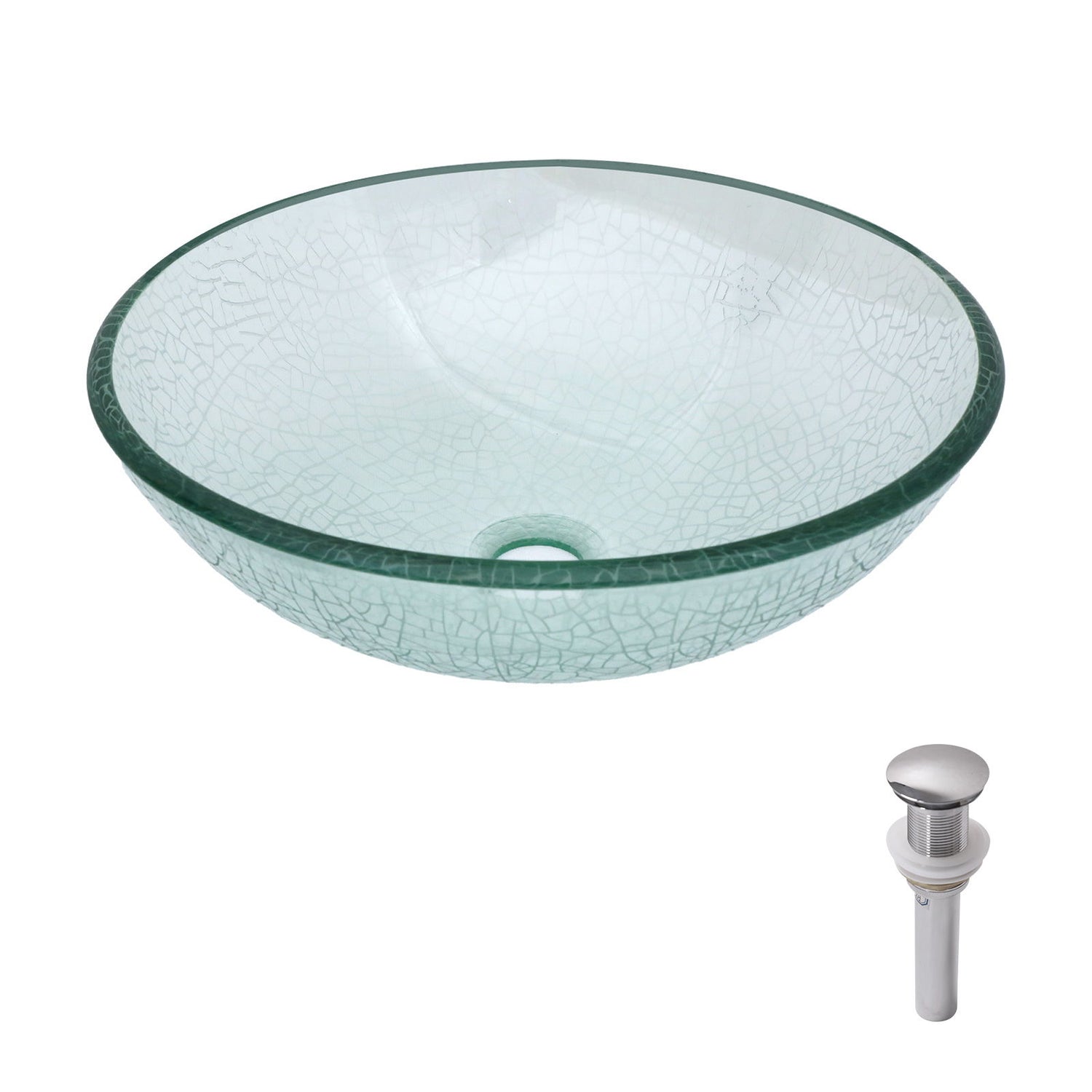 Crackle Vessel Sink, Round Bowl With Pop Up Drain - Clear
