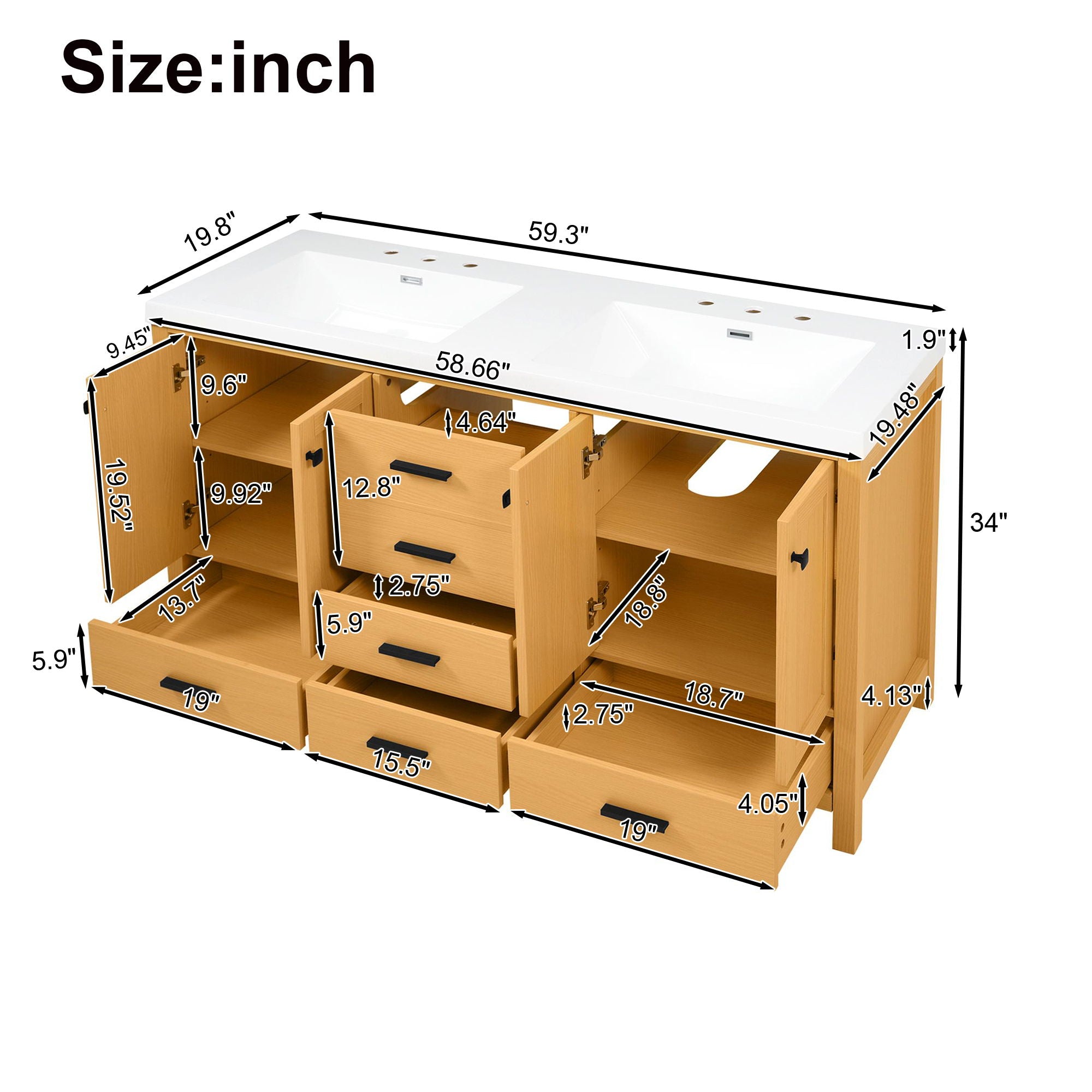 Bathroom Vanity With Double Sink, Soft Close Doors &amp; Drawers Handles - Wood