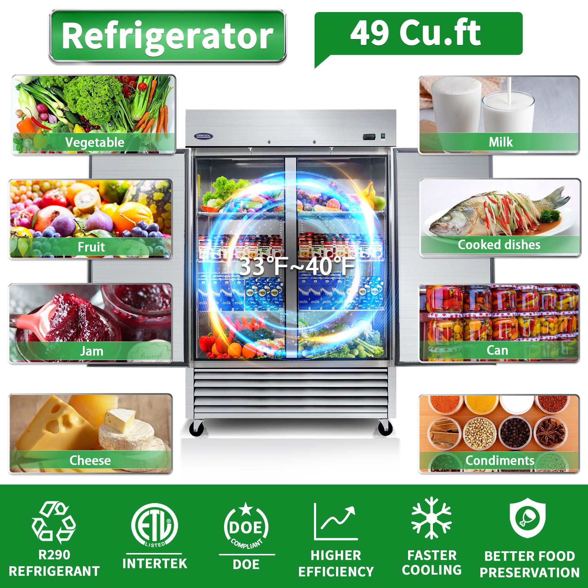 54&quot; Commercial Refrigerator 49 Cu.Ft With 2 Solid Door Reach-In Refrigerators Stainless Steel Etl Approved Upright Fridge Storage - Silver