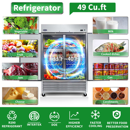 54&quot; Commercial Refrigerator 49 Cu.Ft With 2 Solid Door Reach-In Refrigerators Stainless Steel Etl Approved Upright Fridge Storage - Silver