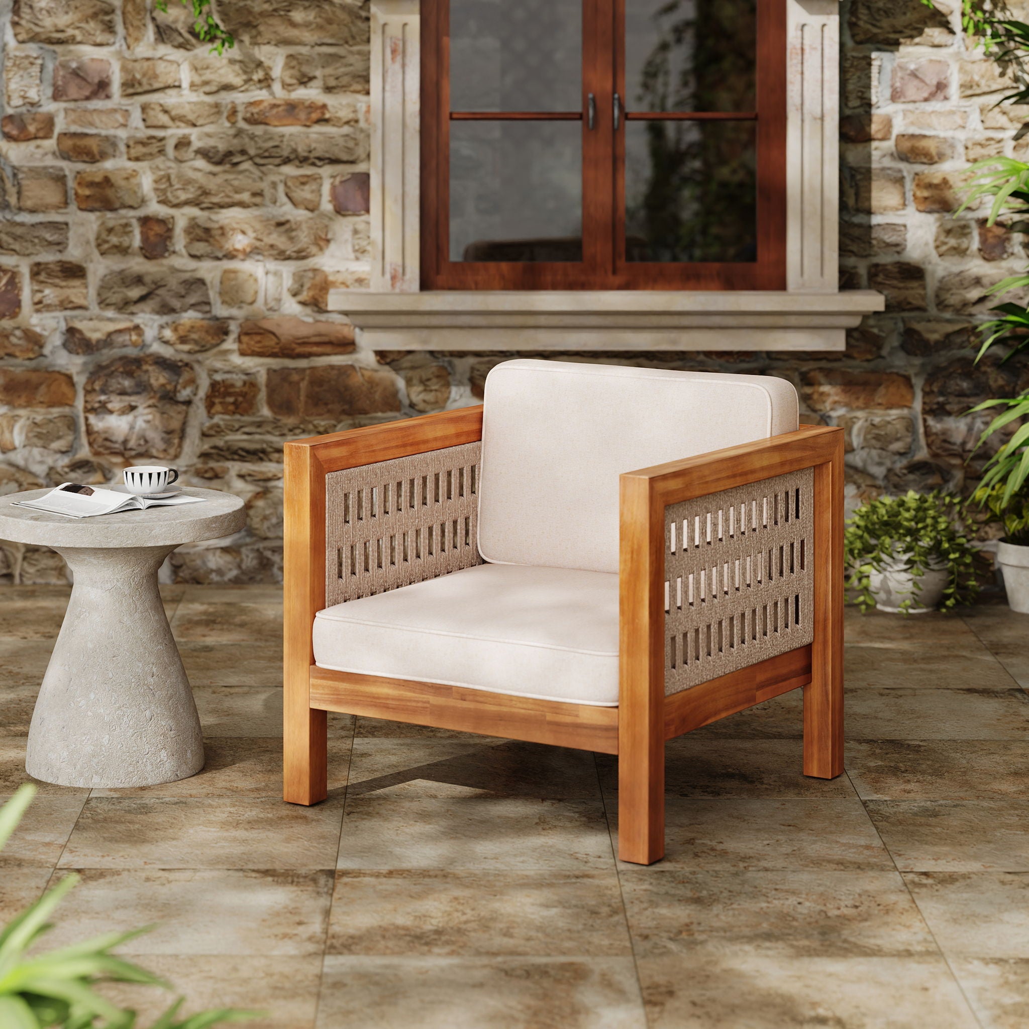 Outdoor Club Chair &amp; Rope Arm And Cushions
