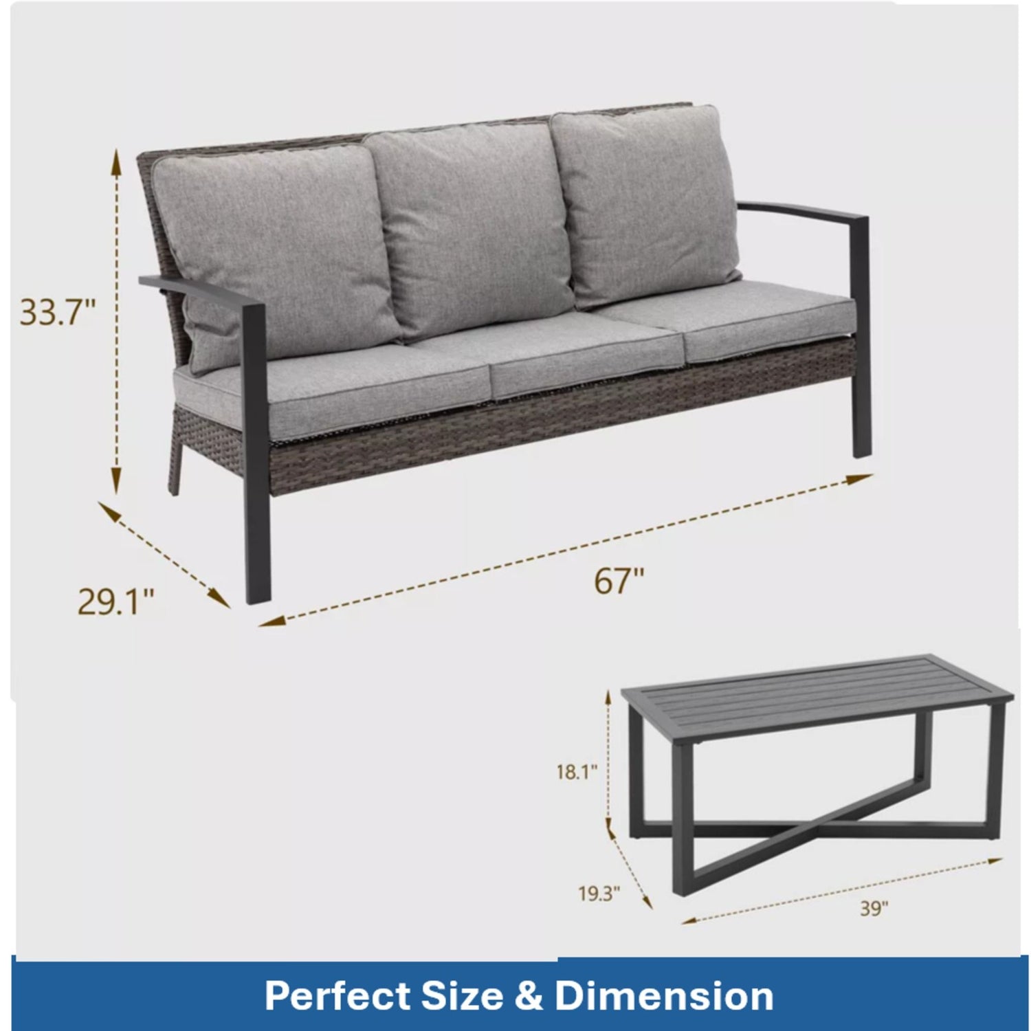 2 Piece Patio Set With Cushions &amp; Coffee Table