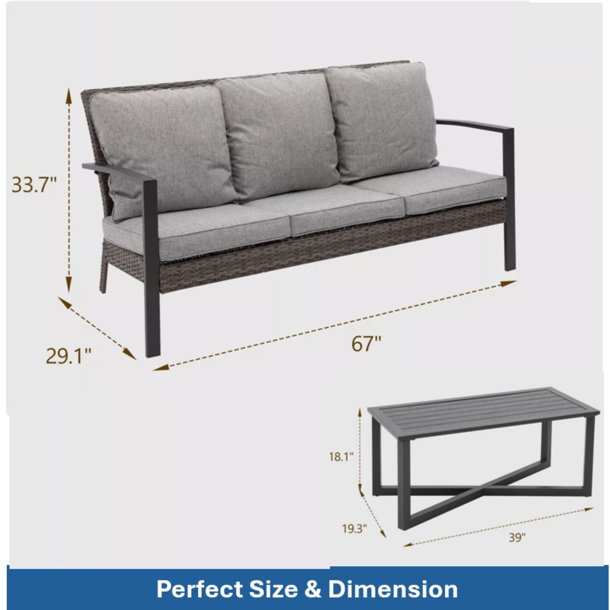 2 Piece Patio Set With Cushions &amp; Coffee Table
