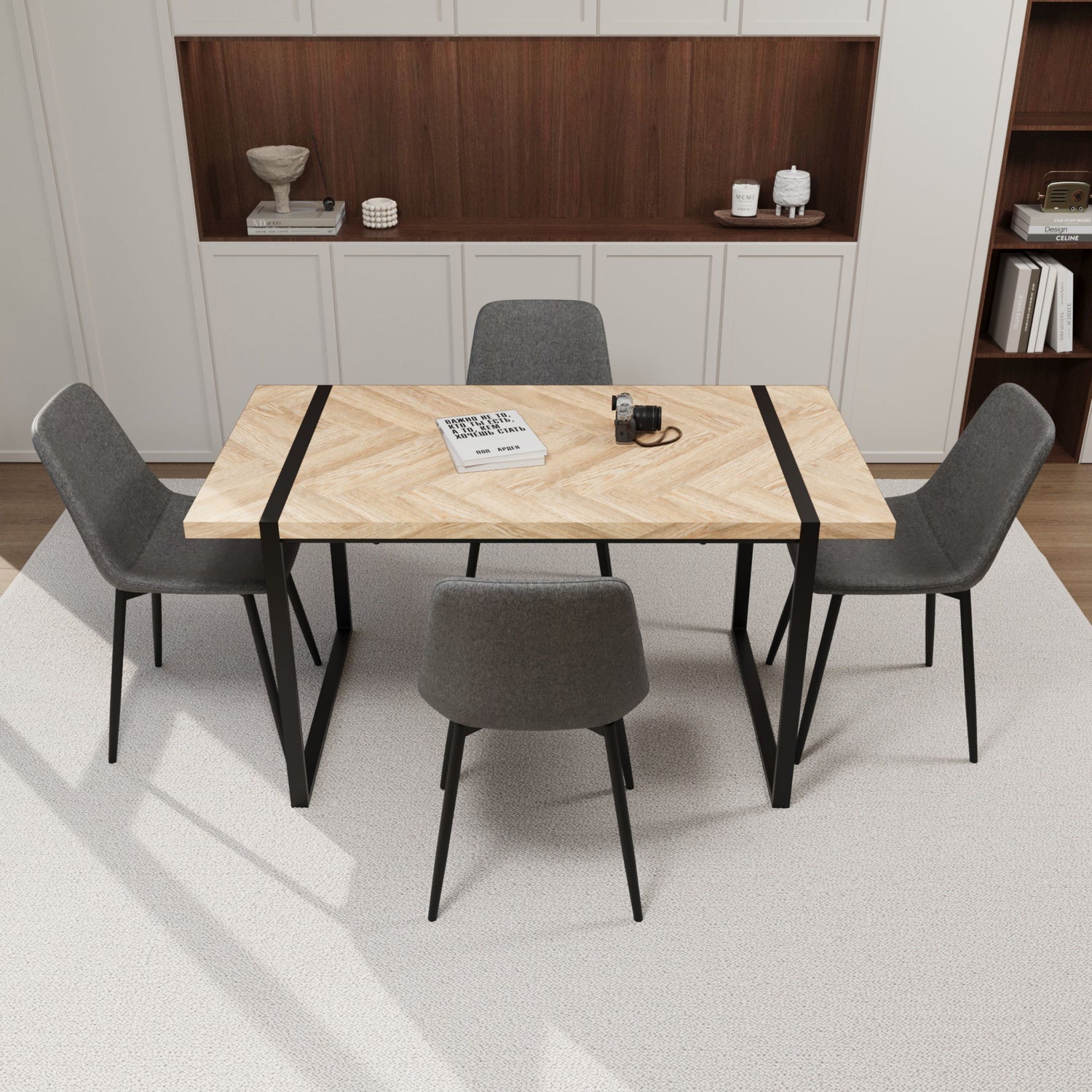 Modern Dining Table &amp; Suede Chair Set WIth Rectangular Metal Base