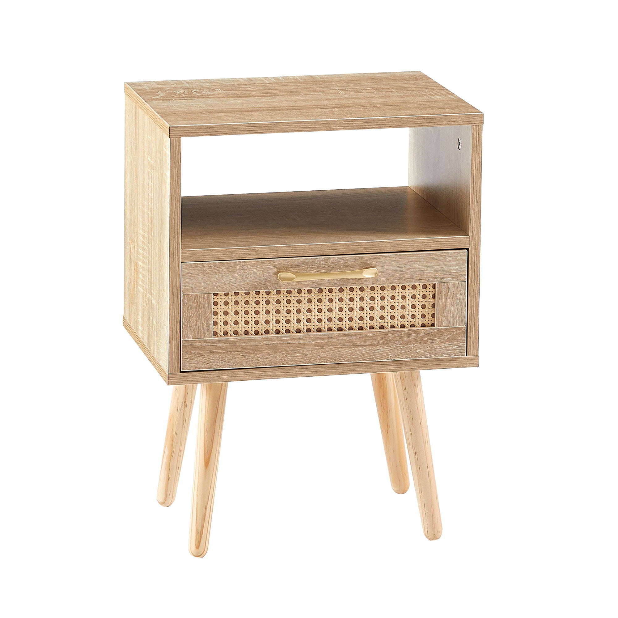 15.75&quot; Rattan End Table With Drawer And Solid Wood Legs, Modern Nightstand, Side Table For Living Room, Bedroom