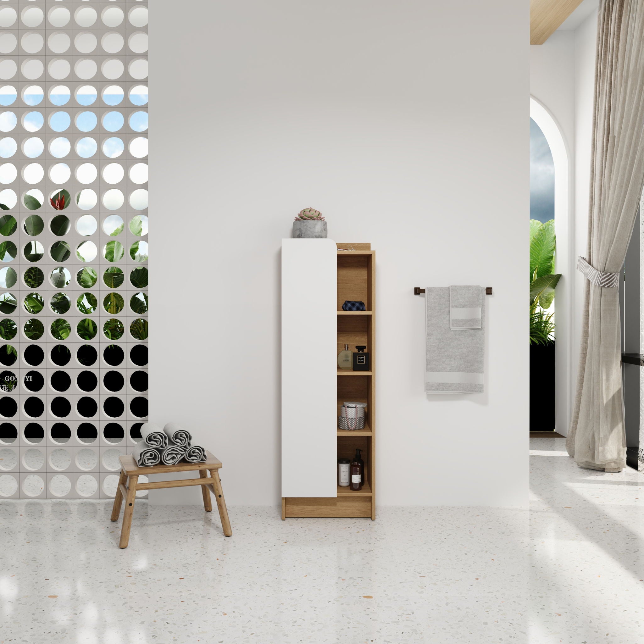 Tall Freestanding Bathroom Side Cabinet With Single Door &amp; 4 Tier Open Shelves - Black / Light Oak / White