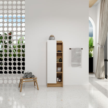 Tall Freestanding Bathroom Side Cabinet With Single Door &amp; 4 Tier Open Shelves - Black / Light Oak / White