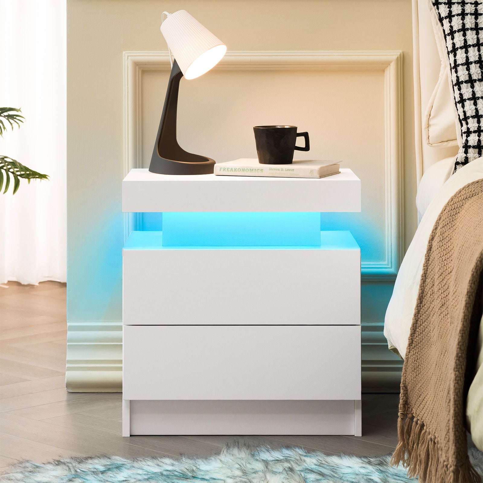 Modern LED Bedside Table Cabinet With Adjustable Lights And 2 Drawers - White