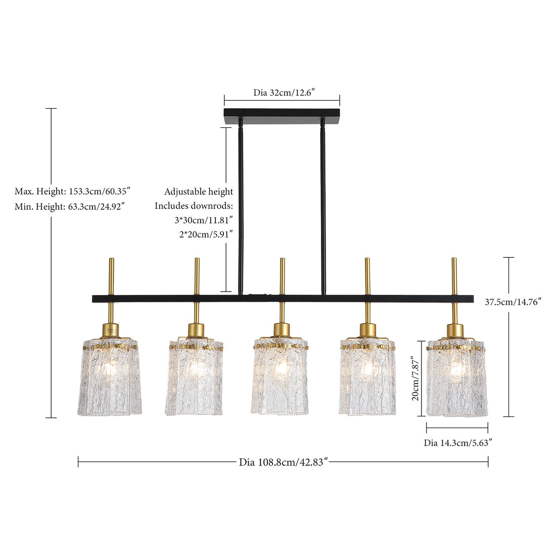 Chandelier 5 Light, Fixture Over Table - Black / Gold