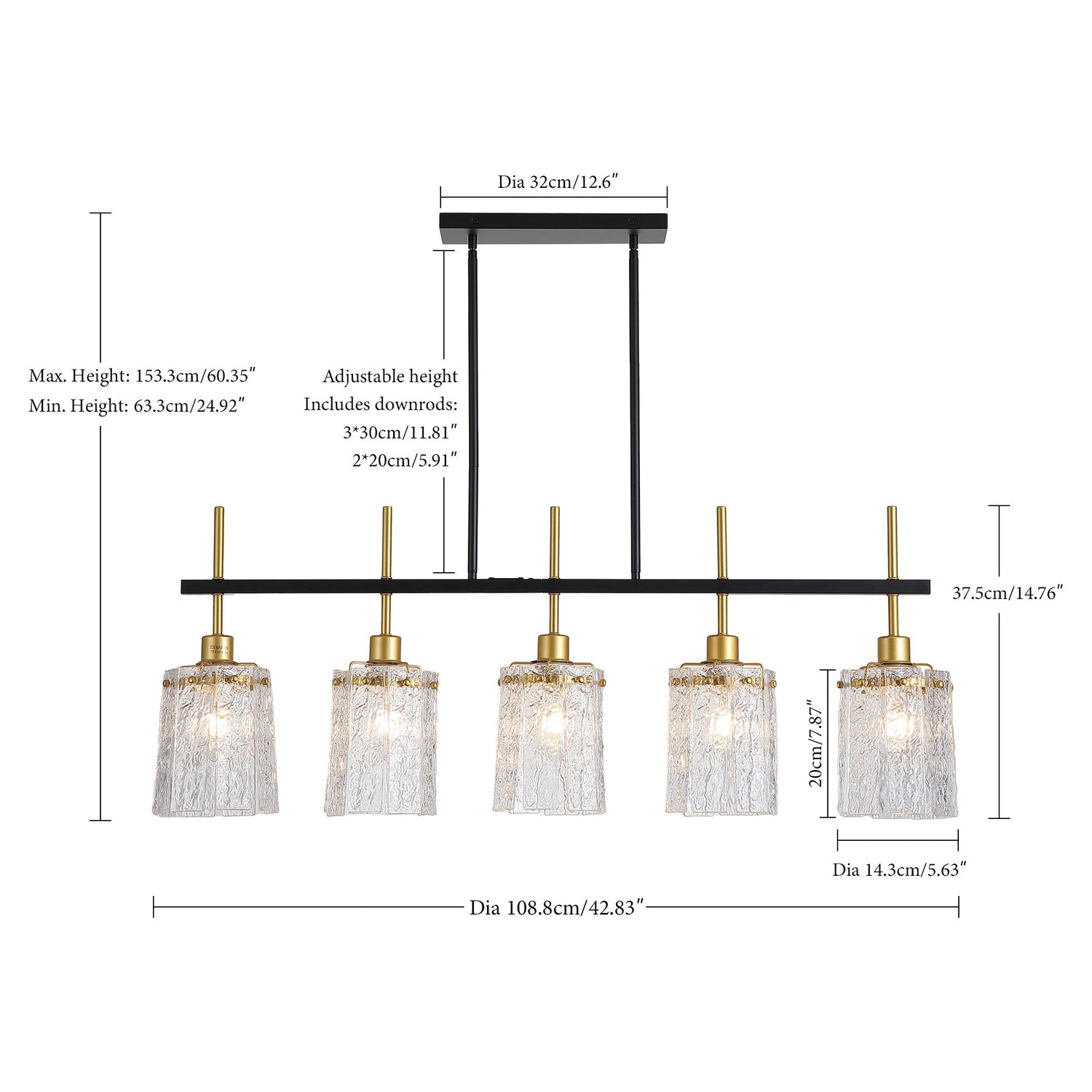 Chandelier 5 Light, Fixture Over Table - Black / Gold