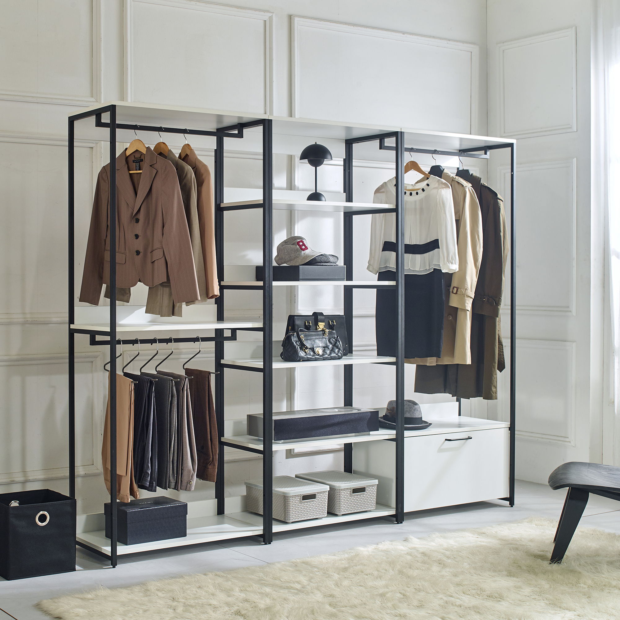Fiona - Freestanding Walk In Wood Closet System &amp; Metal Frame Melamine - White
