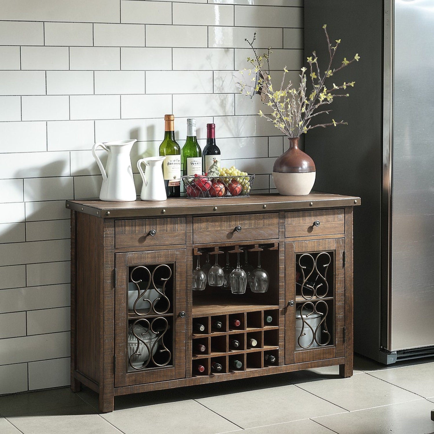 Raphaela - Server With Cup Holder &amp; Wine Rack - Cherry