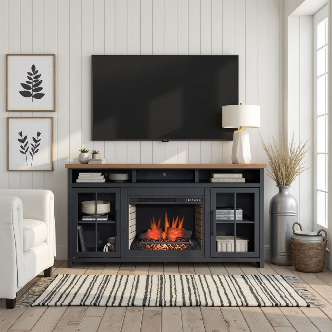 Essex - Fireplace TV Stand Console For TVs Up To 85&quot; - Black, Whiskey