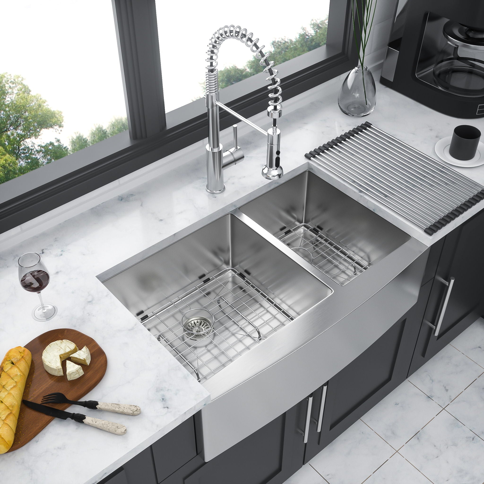 Double Bowl Sink 60 / 40 Split Apron Front Kitchen Sink In 16 Gauge With 2 10&quot; Deep Basins 33&quot; X21&quot; X10&quot; - Brushed Nickel