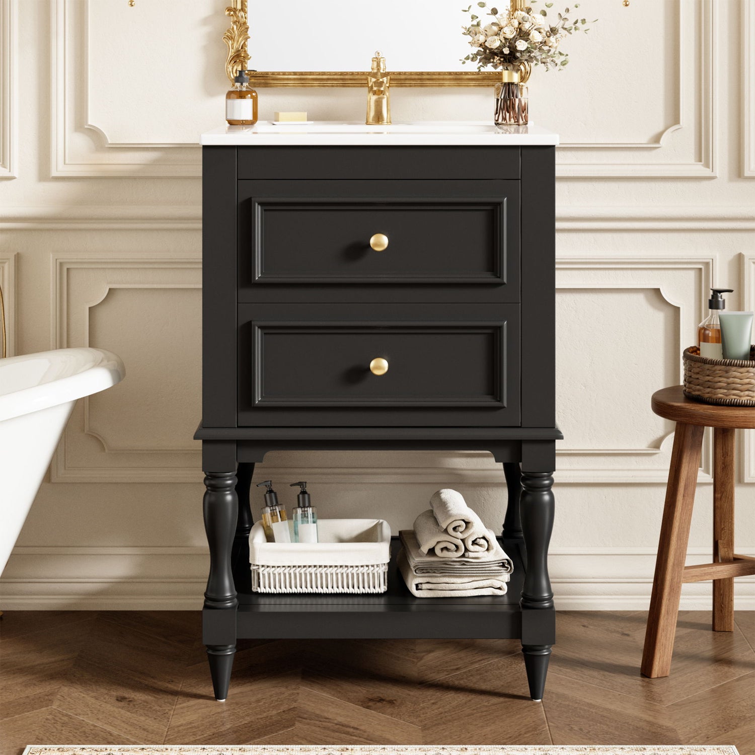 Retro Design Bathroom Vanity With Sink, 2 Drawer Storage Cabinet