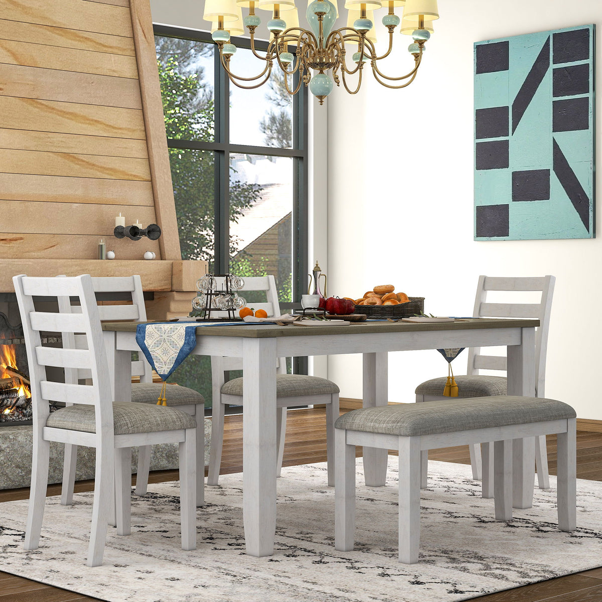 6 Piece Dining Set With 4 Upholstered Chairs &amp; Bench - Brown / Whitewash
