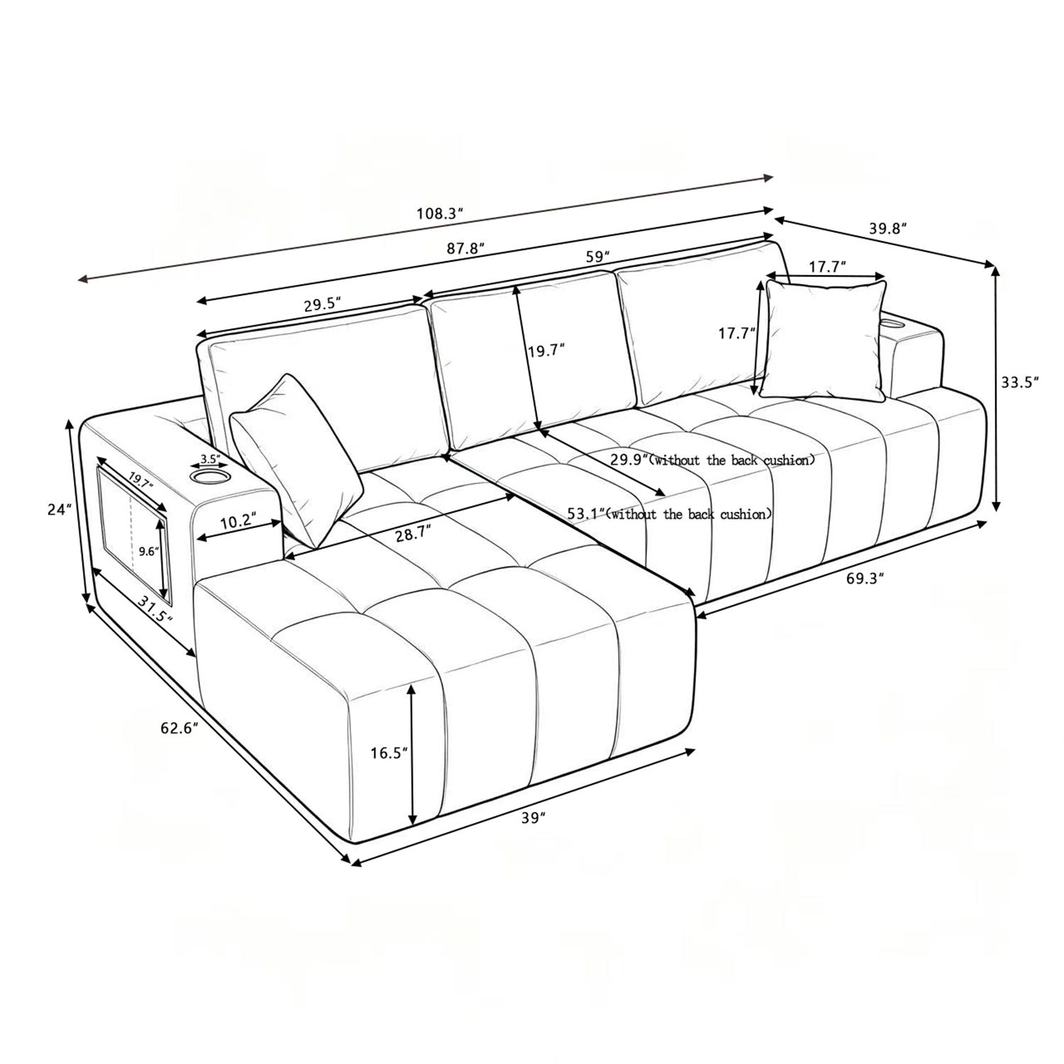 L - Shaped Sectional Sofa With Cup Holders &amp; Side Pockets